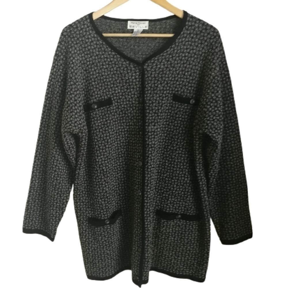 VINTAGE Grey Granny Preppy Wool Boucle Lambswool Long Cardigan Plus Size 1X